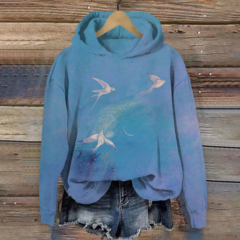 Watercolor Forest Pigeon Print Long Sleeve Hoodie - Blue - US44-46(8XL) - image 1
