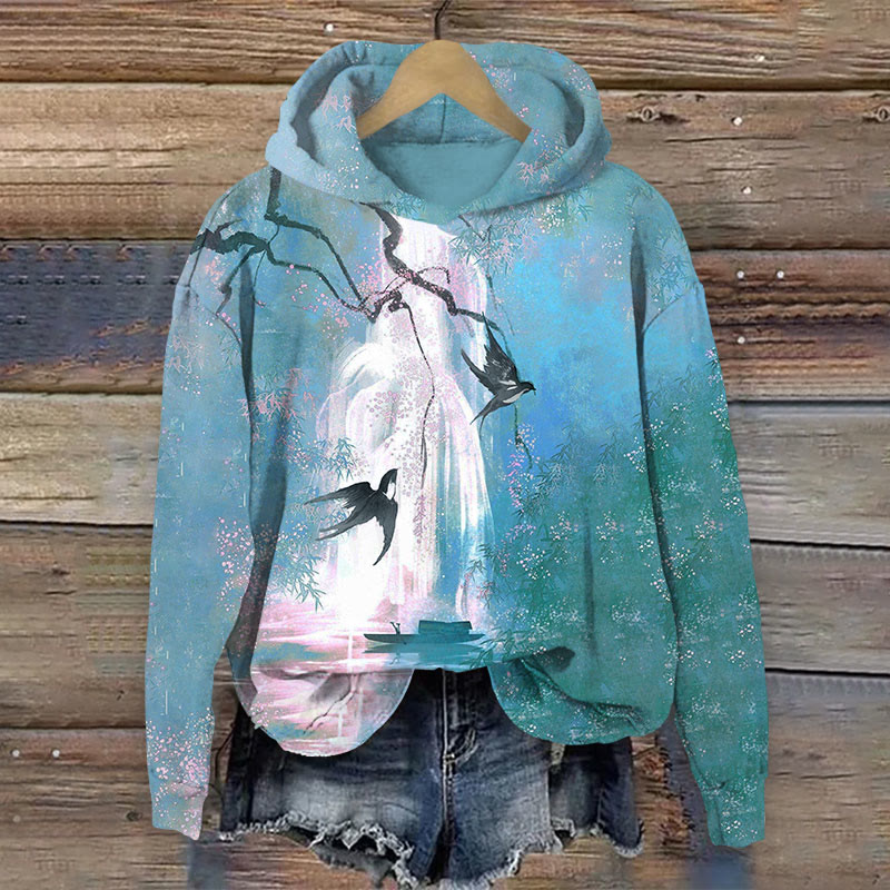 Watercolor Forest Swallow Print Long Sleeve Hoodie - Lake Blue - US44-46(8XL) - image 1
