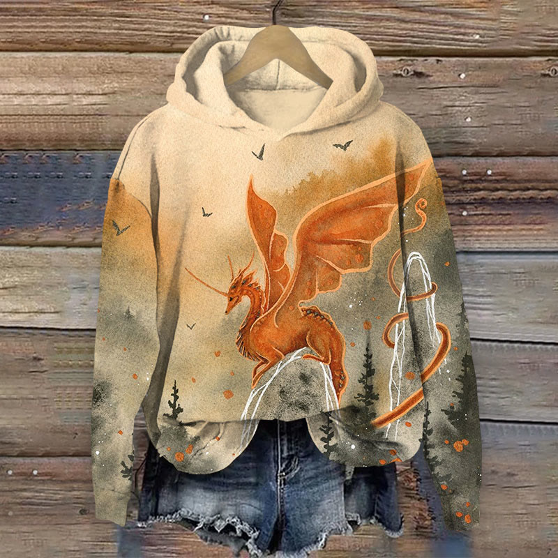 Watercolor Western Flying Dragon Print Long Sleevehoodie - Apricot - US44-46(8XL) - image 1