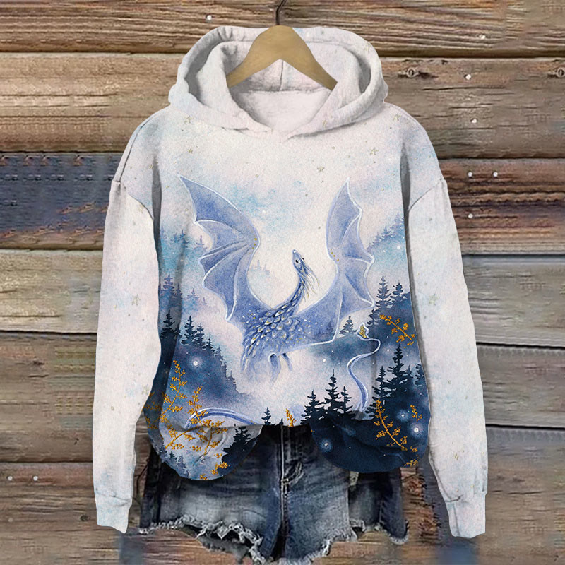 Watercolor Western Flying Dragon Print Long Sleeve Hoodie - Beige - US44-46(8XL) - image 1