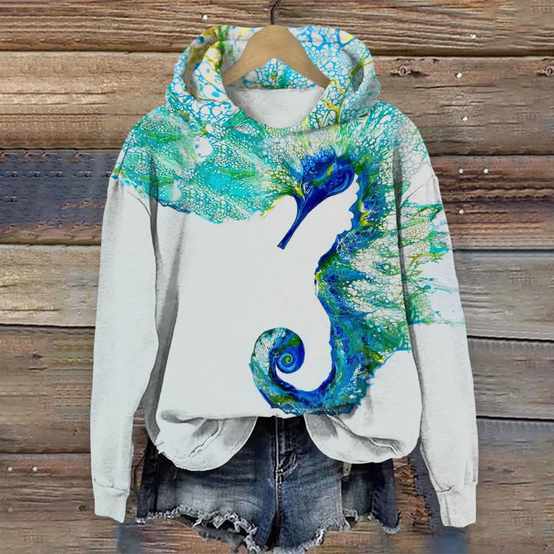 Art Seahorse Print Long Sleeve Hoodie - Beige - US44-46(8XL) - image 1