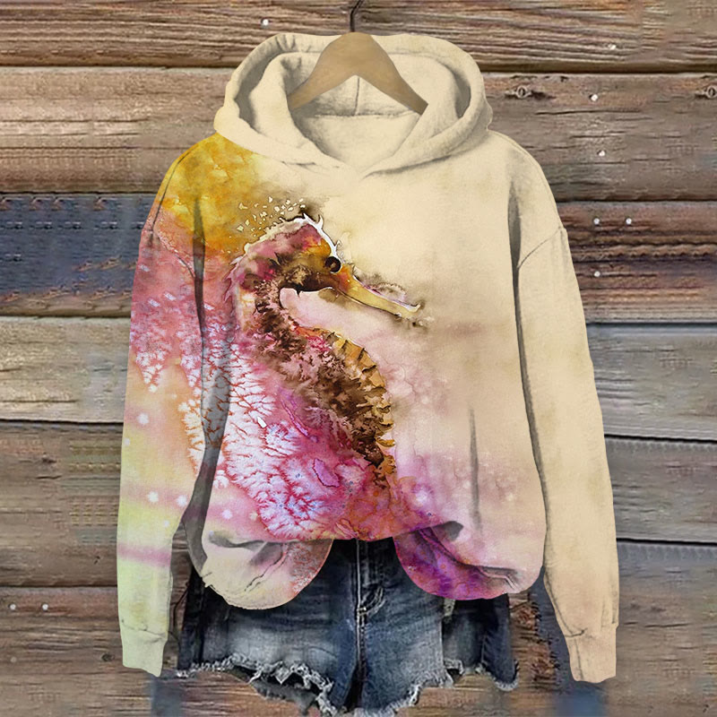 Watercolor Seahorse Print Long Sleeve Hoodie - Apricot - US44-46(8XL) - image 1