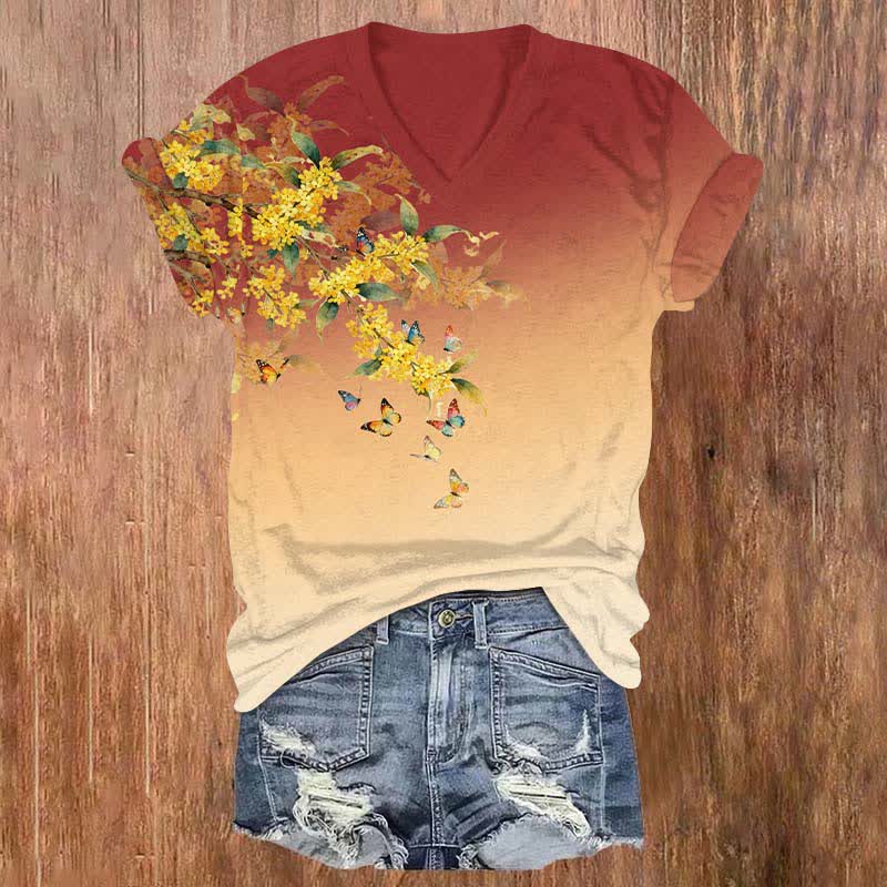 Japanese Vibrant Winter Jasmine & Butterfly Print V-neck T-shirt - Red - US32-34(5XL) - image 1