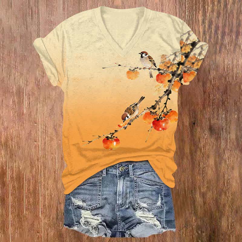 Japanese Cute Bird Eating Persimmon On The Branch Print V-neck T-shirt - Orange - US32-34(5XL) - image 2