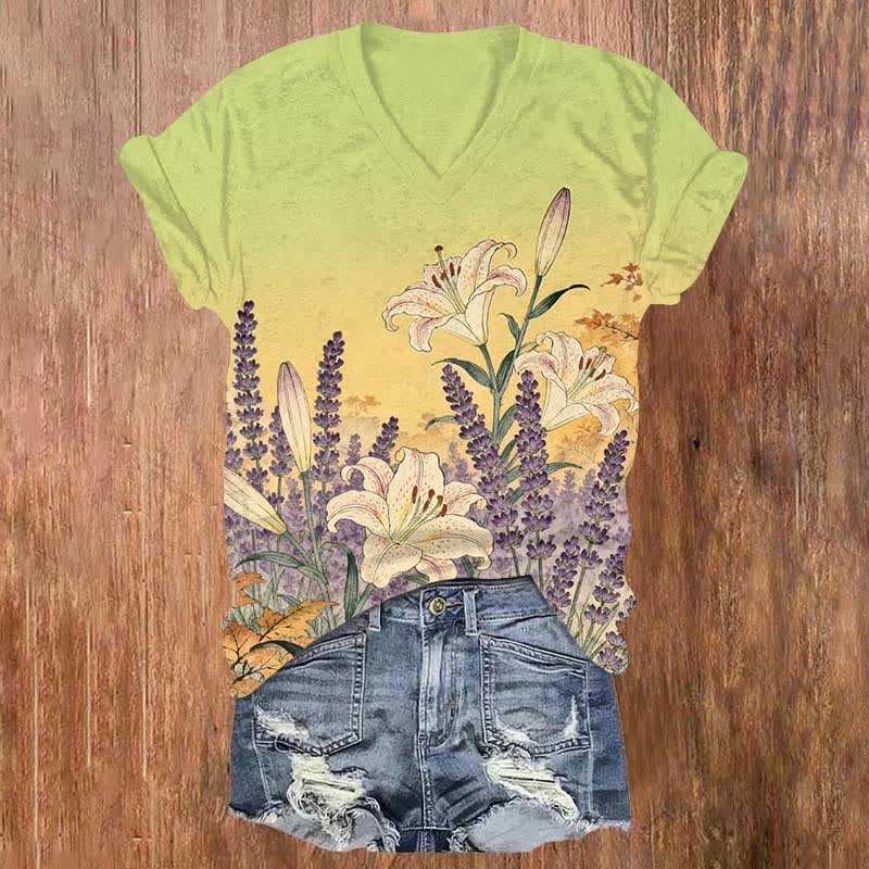 Japanese Vintage Watercolor Lavender Art Print V-neck T-shirt - Green - US32-34(5XL) - image 2