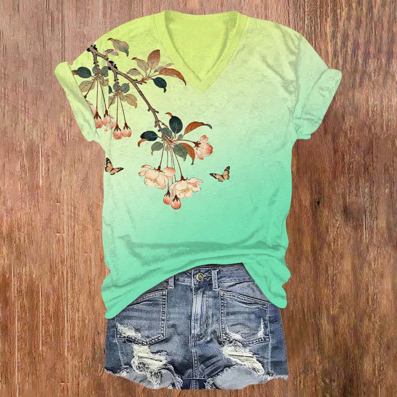 Japanese Vintage Ombre Peach Blossom Art Print V-neck T-shirt - Green - US32-34(5XL) - image 2