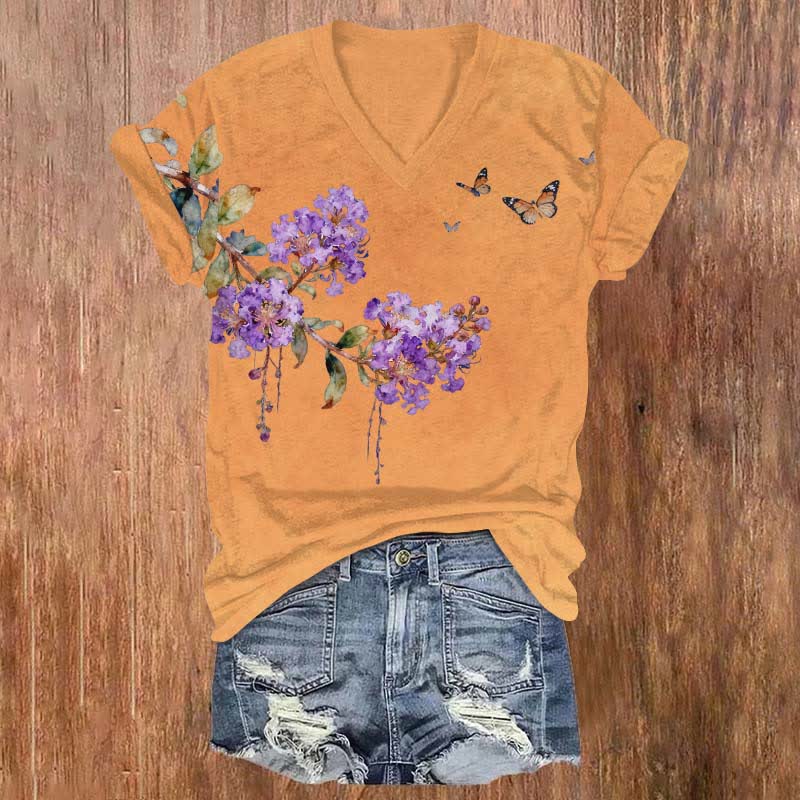 Vintage Crape Myrtle Flower Art Print V-neck T-shirt - Orange - US32-34(5XL) - image 2