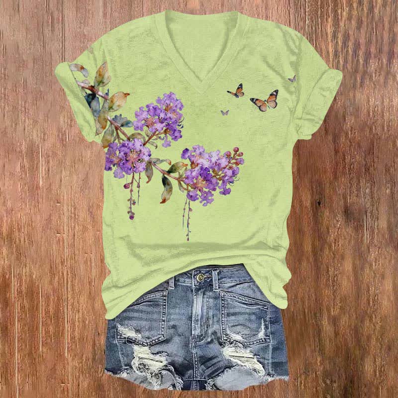 Vintage Crape Myrtle Flower Art Print V-neck T-shirt - Green - US32-34(5XL) - image 1