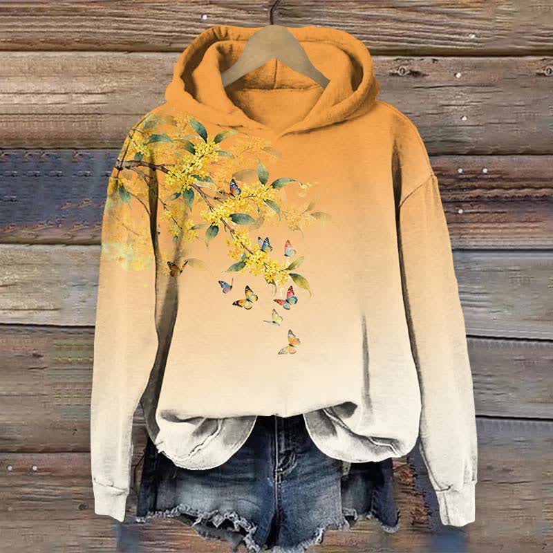 Japanese Vibrant Winter Jasmine & Butterfly Print Long Sleeve Hoodie - Orange - US44-46(8XL) - image 1