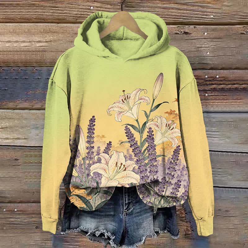 Japanese Vintage Watercolor Lavender Art Print Long Sleeve Hoodie - Green - US44-46(8XL) - image 2