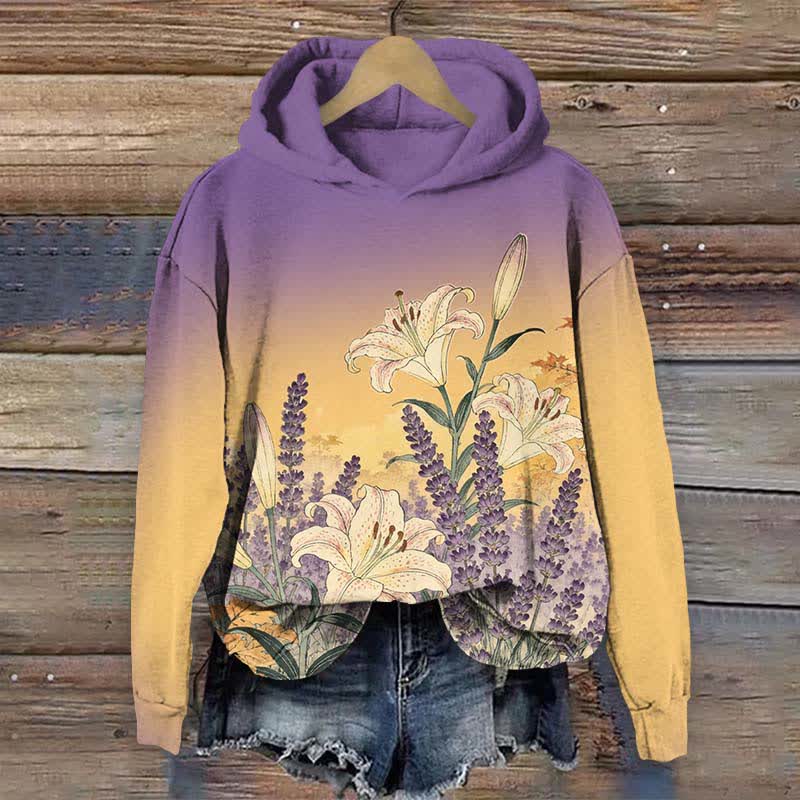 Japanese Vintage Watercolor Lavender Art Print Long Sleeve Hoodie - Purple - US44-46(8XL) - image 1
