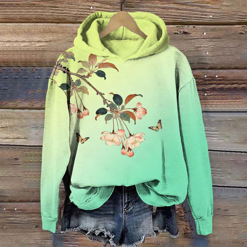 Japanese Vintage Ombre Peach Blossom Art Print Long Sleeve Hoodie - Green - US44-46(8XL) - image 4