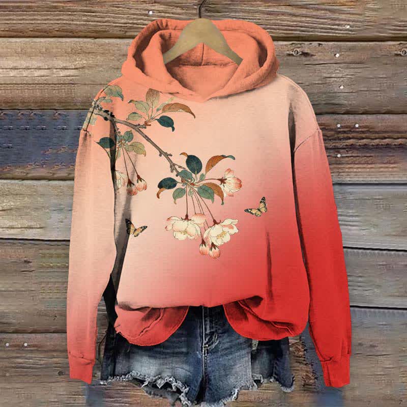 Japanese Vintage Ombre Peach Blossom Art Print Long Sleeve Hoodie - Red - US44-46(8XL) - image 2