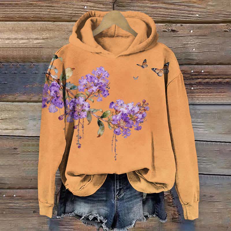 Vintage Crape Myrtle Flower Art Print Long Sleeve Hoodie - Orange - US44-46(8XL) - image 2