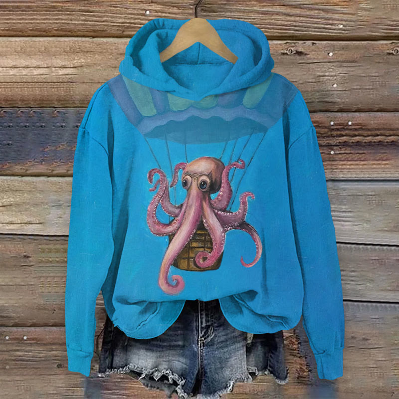 Fun Octopus Riding A Hot Air Balloon Print Long Sleeve Hoodie - Lake Blue - US44-46(8XL) - image 2