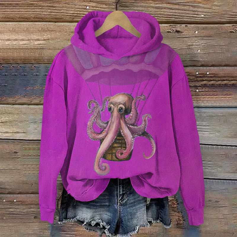 Fun Octopus Riding A Hot Air Balloon Print Long Sleeve Hoodie - image 1