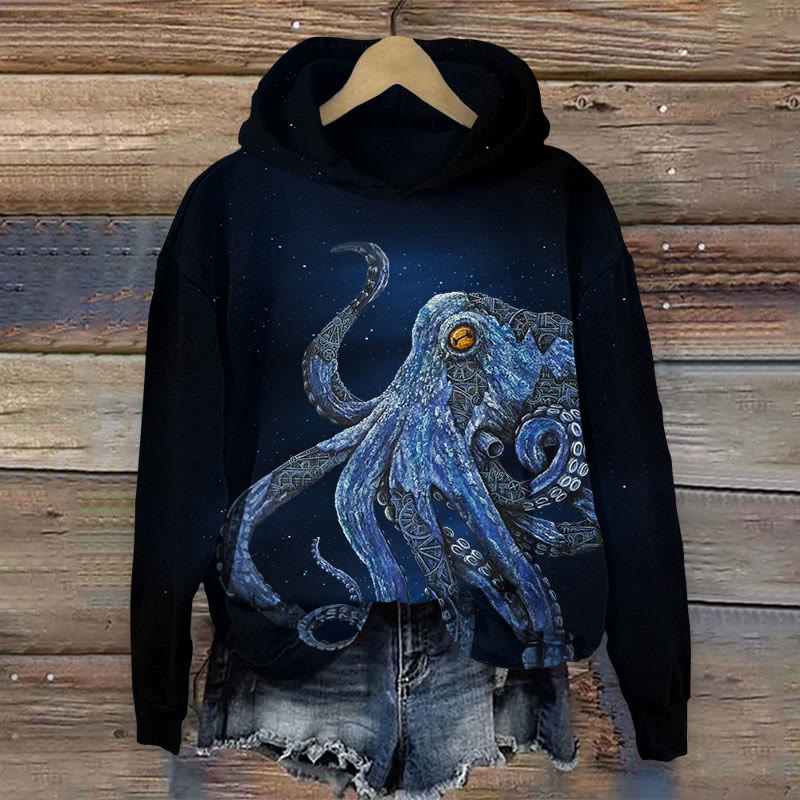 Vintage Octopus Art Print Long Sleeve Hoodie - Dark Blue - US44-46(8XL) - image 1