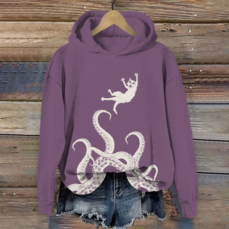 Fun Cat Thrown By Octopus Print Long Sleeve Hoodie - Light Purple - US44-46(8XL) - image 2