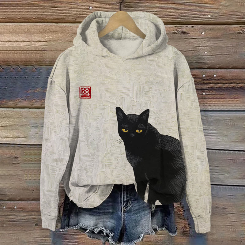 Japanese Style Cat Print Long Sleeve Hoodie - Apricot - US44-46(8XL) - image 1