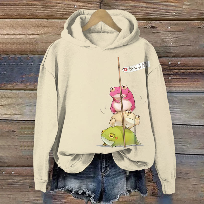 Japanese Art Frogs Print Long Sleeve Hoodie - Apricot - US44-46(8XL) - image 1