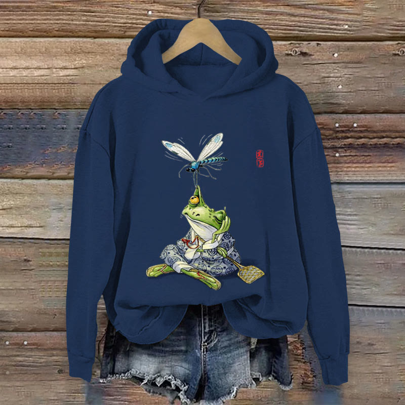 Japanese Art Frog And Dragonfly Print Long Sleeve Hoodie - Navy Blue - US44-46(8XL) - image 2