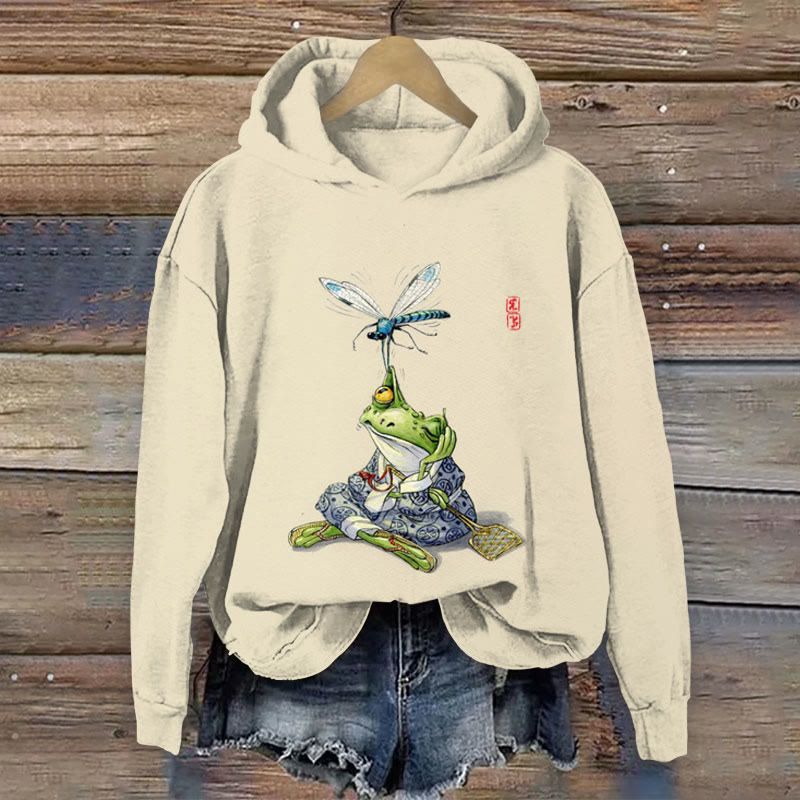 Japanese Art Frog And Dragonfly Print Long Sleeve Hoodie - Apricot - US44-46(8XL) - image 1