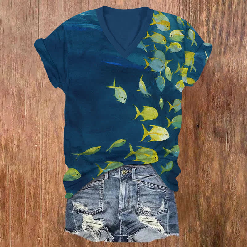 Vintage Oil Painting Ocean Fish Art Print V-neck T-shirt - Blue - US32-34(5XL) - image 1