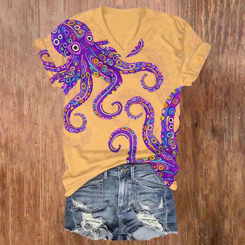 Vintage Funny Geometric Pattern Octopus Print V-neck T-shirt - Orange - US32-34(5XL) - image 2