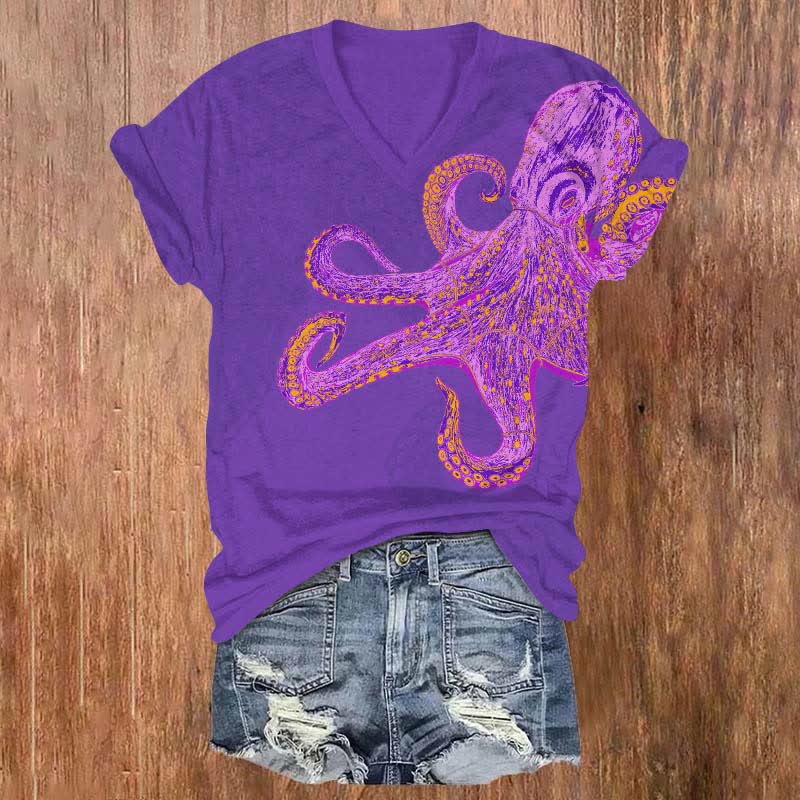 Creative Crayon Painting Octopus Art Print V-neck T-shirt - Purple - US32-34(5XL) - image 2
