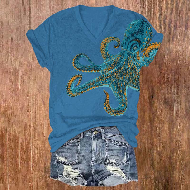 Creative Crayon Painting Octopus Art Print V-neck T-shirt - Blue - US32-34(5XL) - image 1