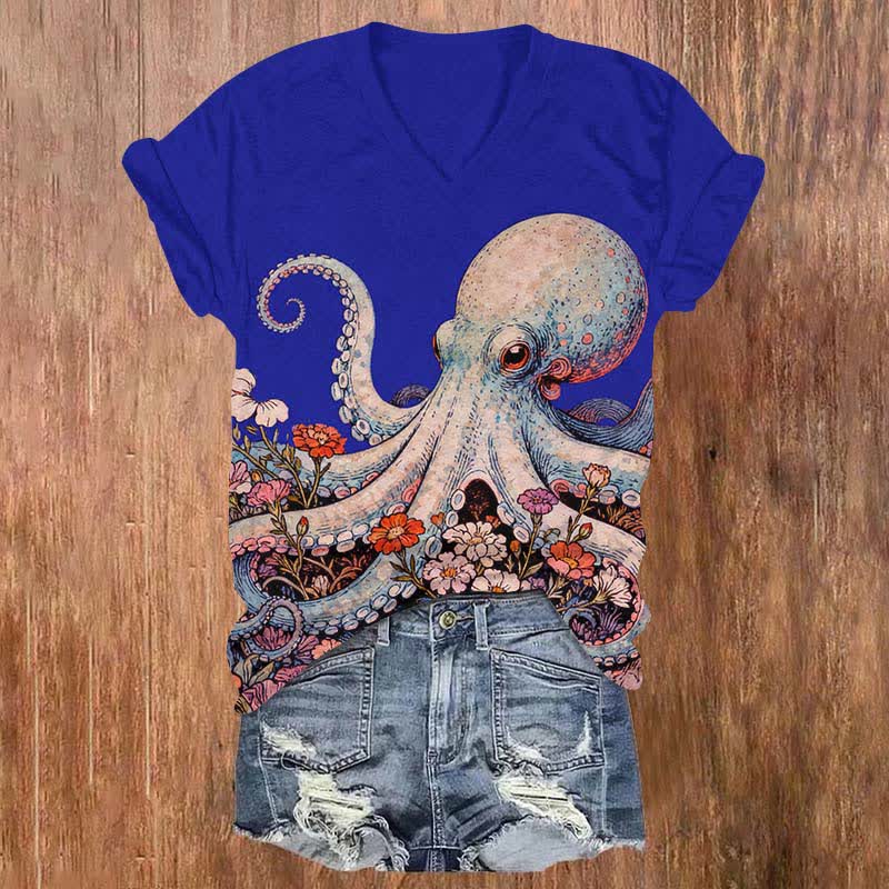 Vintage Octopus Surrounded By Flowers Print V-neck T-shirt - Blue - US32-34(5XL) - image 2