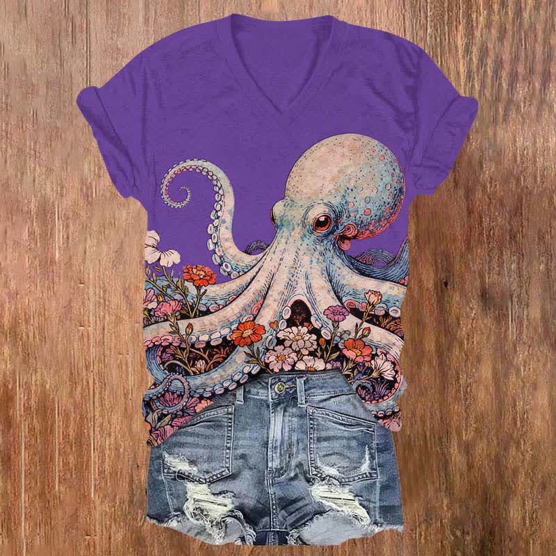 Vintage Octopus Surrounded By Flowers Print V-neck T-shirt - Purple - US32-34(5XL) - image 1