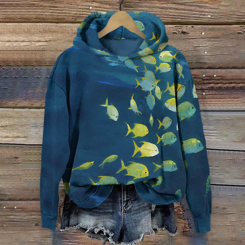 Vintage Oil Painting Ocean Fish Art Print Long Sleeve Hoodie - Blue - US44-46(8XL) - image 1