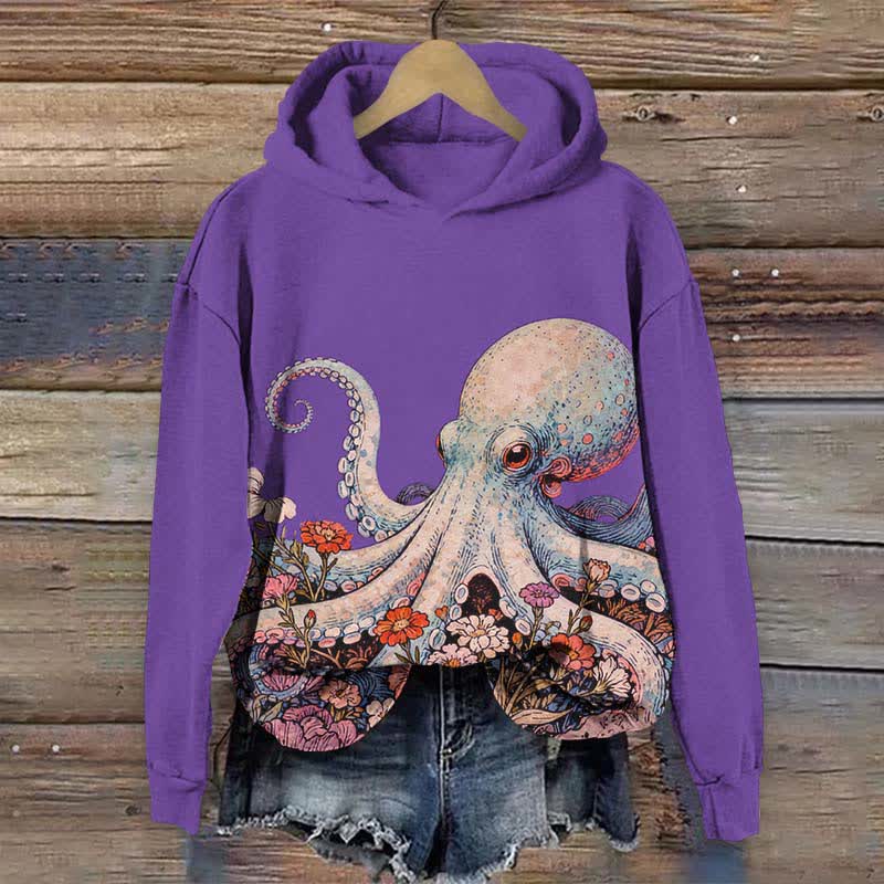 Vintage Octopus Surrounded By Flowers Print Long Sleeve Hoodie - Purple - US44-46(8XL) - image 1