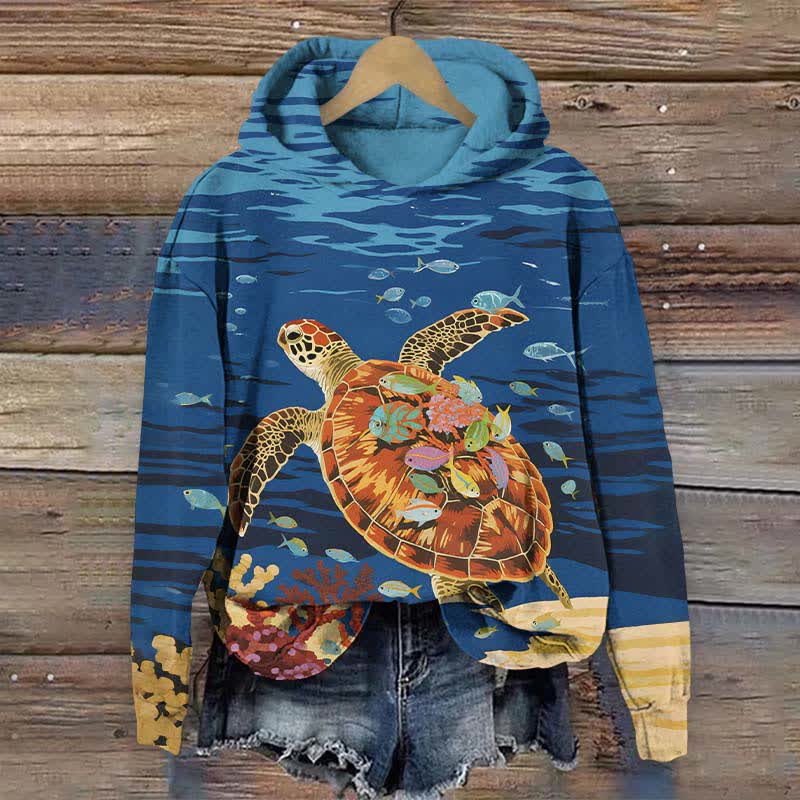 Creative Underwater Sea Turtle Carrying Small Fish Print Long Sleeve Hoodie - Blue - US44-46(8XL) - image 1