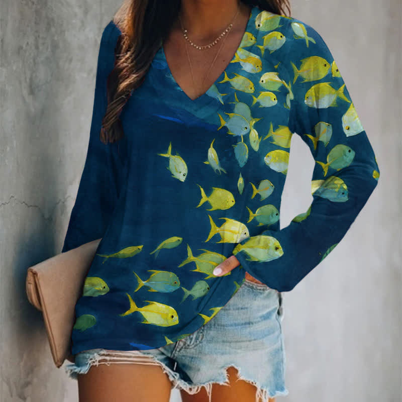 Vintage Oil Painting Ocean Fish Art Print Long Sleeve T-shirt - Blue - 5XL - image 1