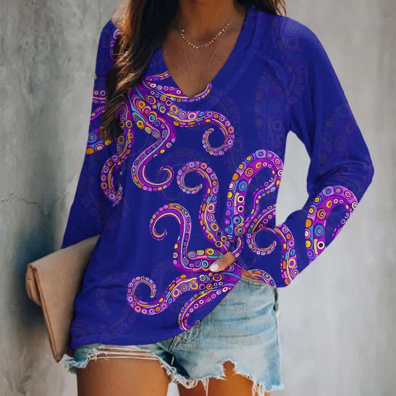 Vintage Funny Geometric Pattern Octopus Print Long Sleeve T-shirt - Blue - 5XL - image 2