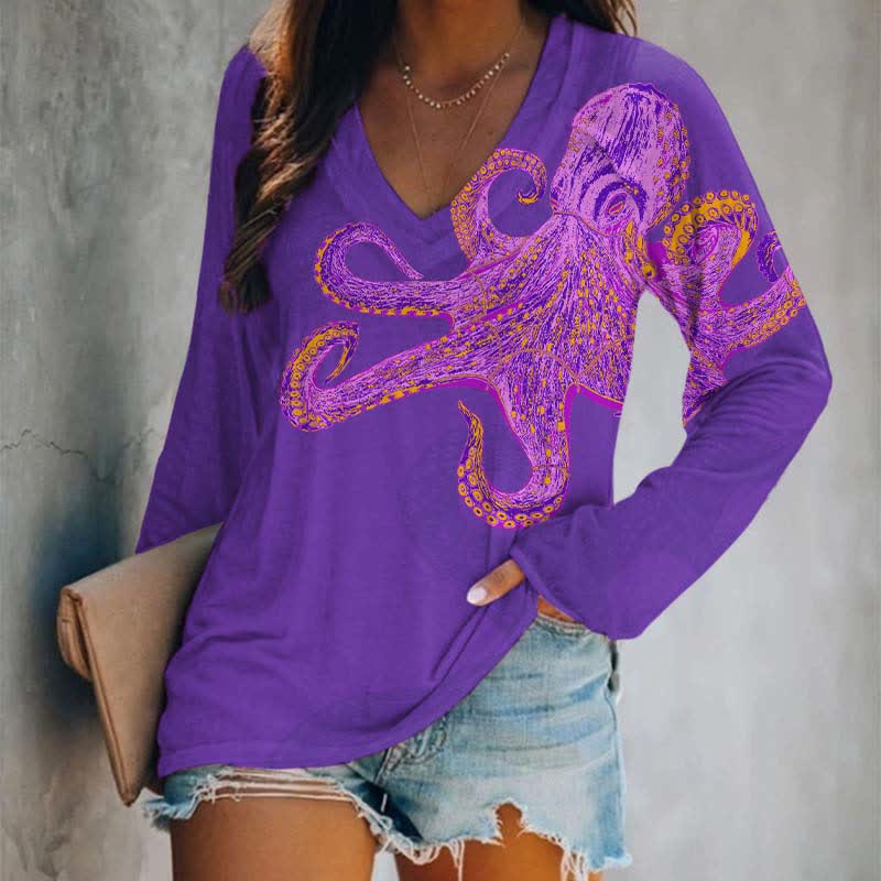 Creative Crayon Painting Octopus Art Print Long Sleeve T-shirt - Purple - 5XL - image 1