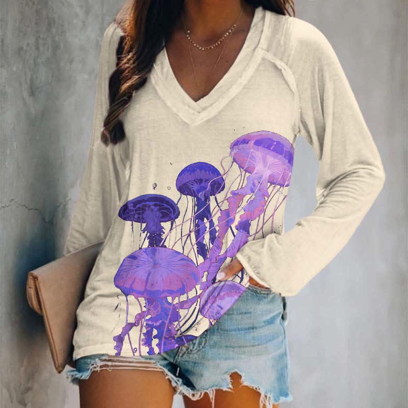 Oil Painting Fantasy Octopus Art Print Long Sleeve T-shirt - Beige - 5XL - image 1