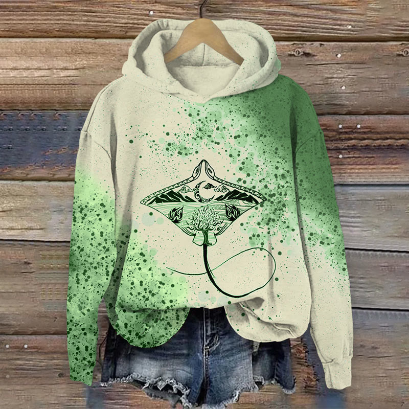 Ink Art Manta Ray Print Long Sleeve Hoodie - Green - US44-46(8XL) - image 2