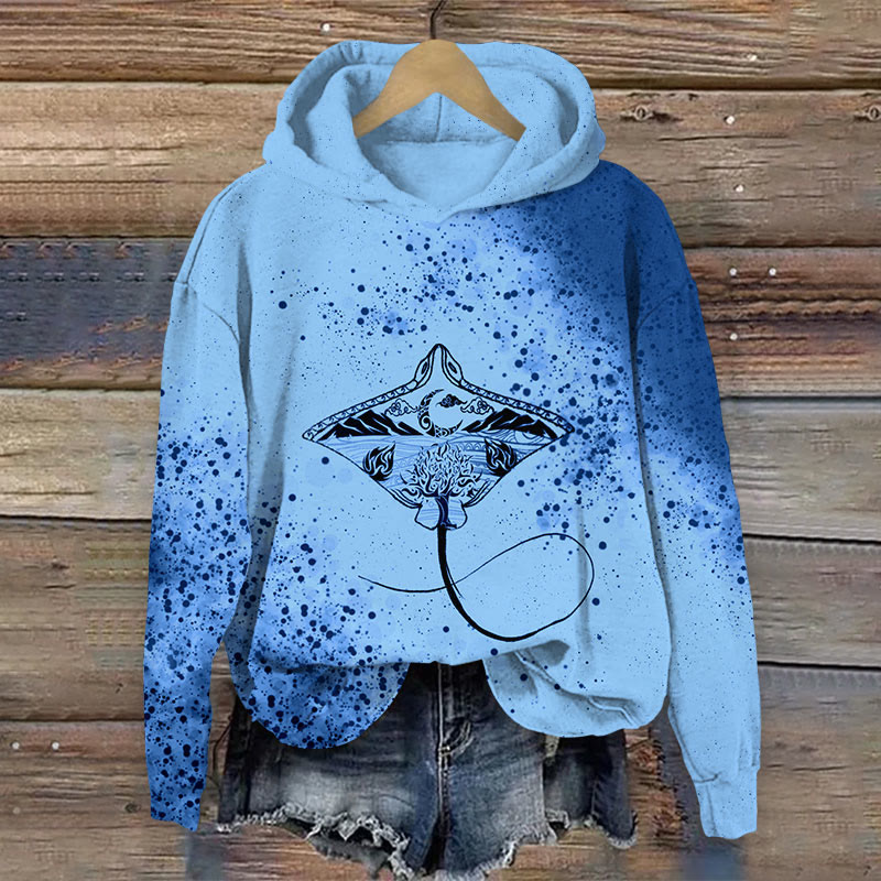Ink Art Manta Ray Print Long Sleeve Hoodie - Blue - US44-46(8XL) - image 1