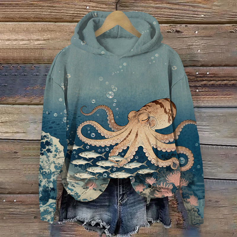 Art Octopus  Chasing Fishes Print Long Sleeve Hoodie - Light Blue - US44-46(8XL) - image 1