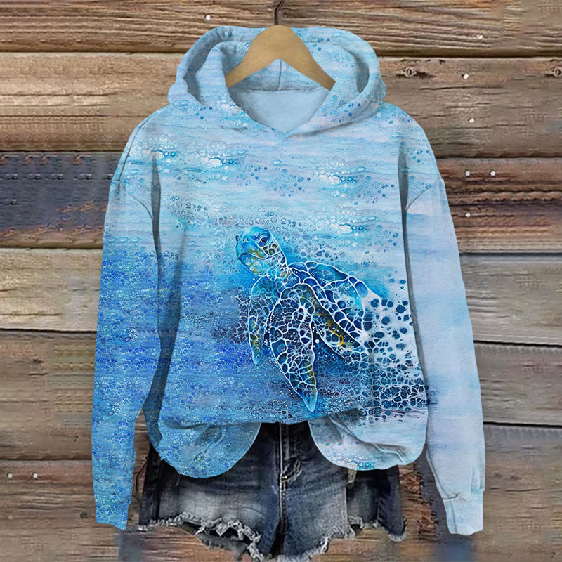 Art Turtle Emerges From The Sea Print Long Sleeve Hoodie - Blue - US44-46(8XL) - image 2