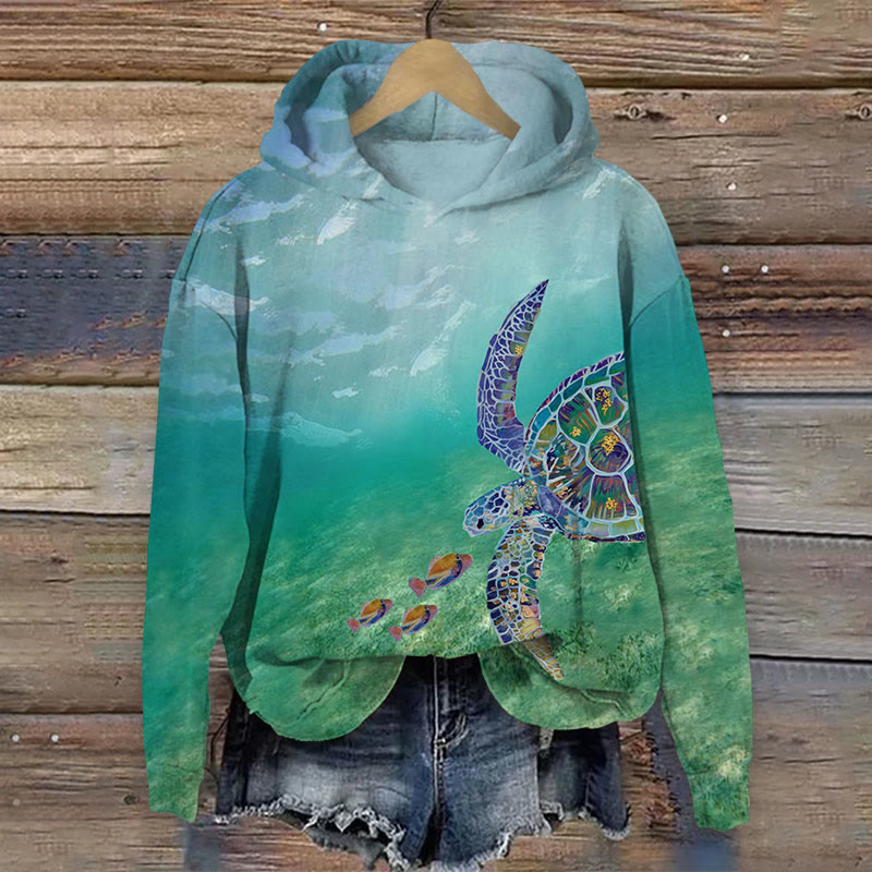 Art Turtle And Fishes Under Sea Print Long Sleeve Hoodie - Green - US44-46(8XL) - image 1
