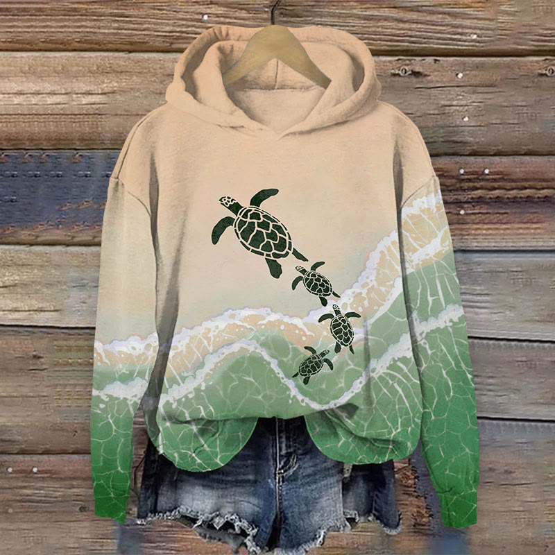 Ocean Turtle Climb Onto The Beach Print Long Sleeve Hoodie - Green - US44-46(8XL) - image 1