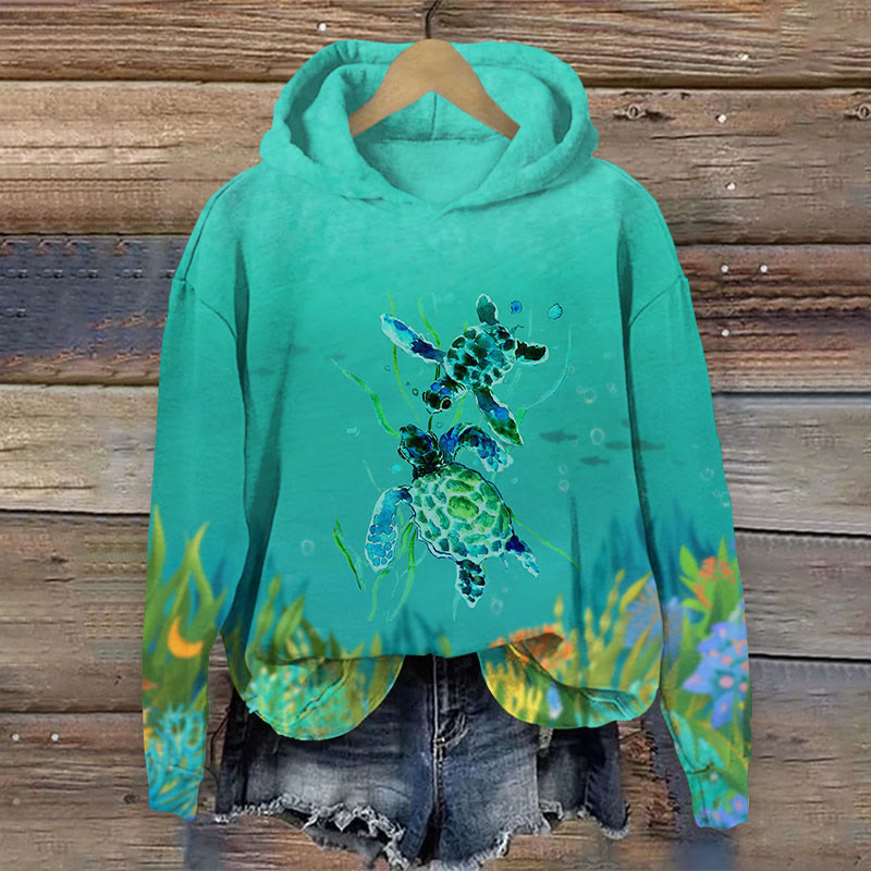 Ocean Turtle Under Sea Print Long Sleeve Hoodie - Green - US44-46(8XL) - image 1