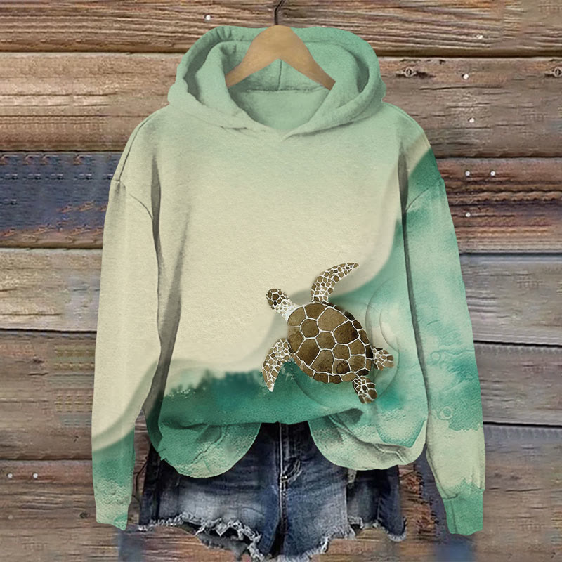 Ocean Turtle Print Long Sleeve Hoodie - Green - US44-46(8XL) - image 1