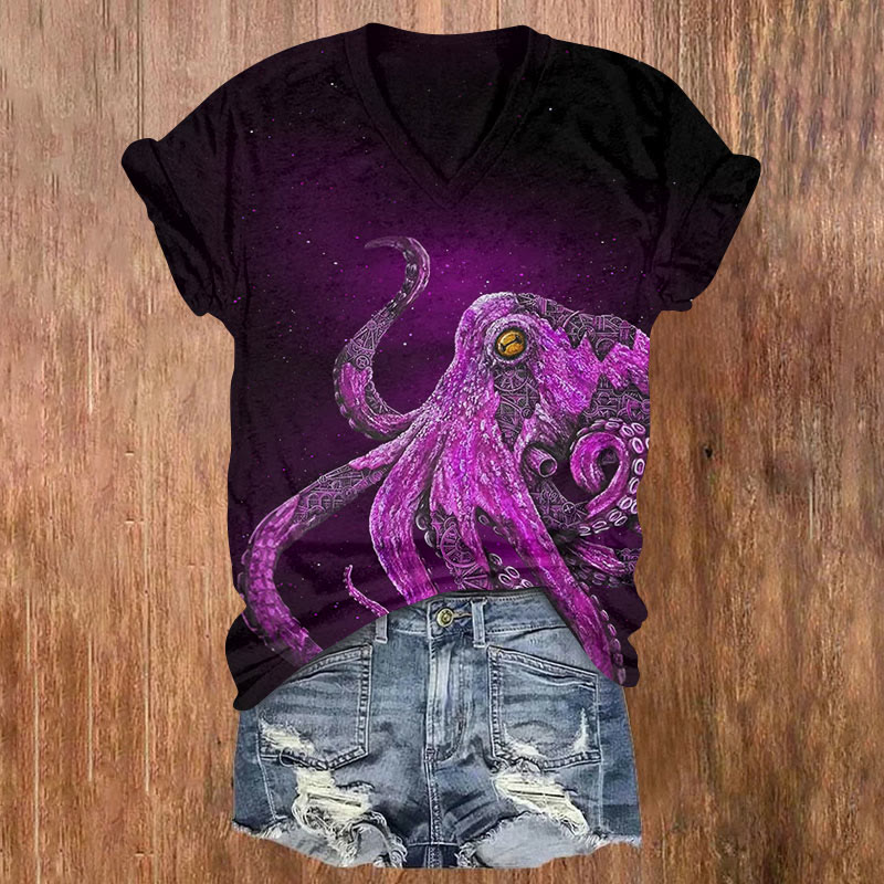 Ocean Art Octopus Print V-neck T-shirt - Purple - US32-34(5XL) - image 2