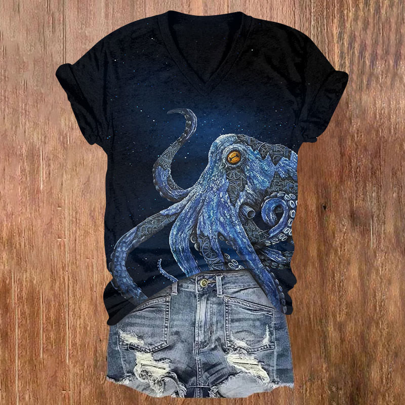 Ocean Art Octopus Print V-neck T-shirt - Dark Blue - US32-34(5XL) - image 1
