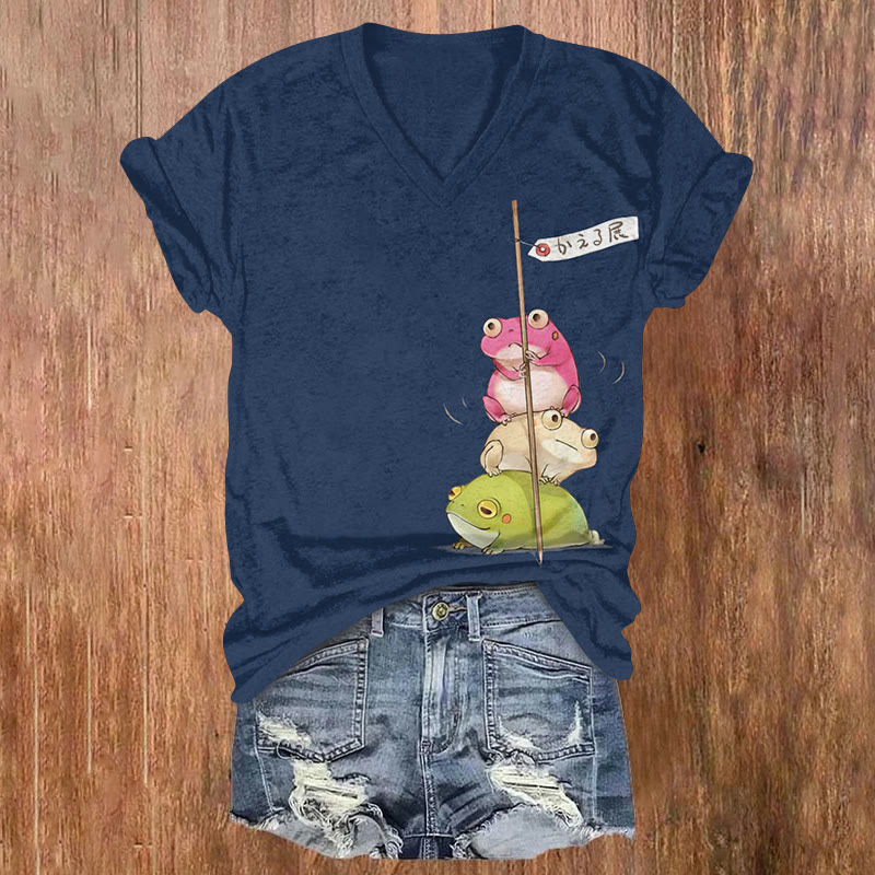 Japanese Art Frog Print V-neck T-shirt - Navy Blue - US32-34(5XL) - image 2